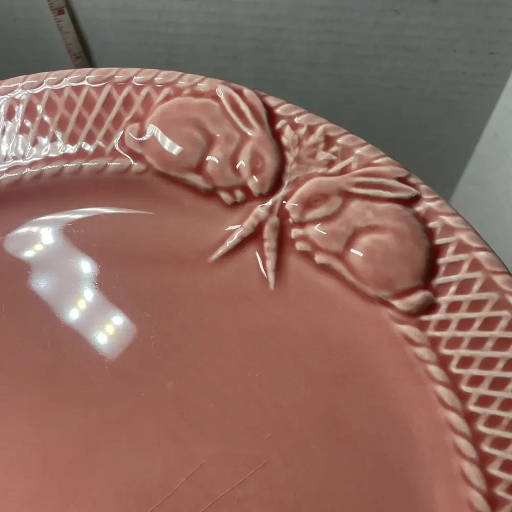 SET OF 2 Bordallo Pinheiro Dinner Plates 10”Pink & Yellow Rabbits Bunnies